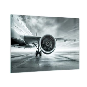 Quadro su vetro - La turbina di un aereo passeggeri sulla pista all'alba - 70x50cm - C'è la forza! - Decorazione murale moderna per soggiorno e camera da letto ARTTOR