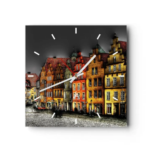 Orologio da parete - Orologio in Vetro - Colorate case popolari su una strada acciottolata nella città storica - 30x30cm - Manca solo la carrozza magica - Decorazione murale moderna per soggiorno e camera da letto ARTTOR