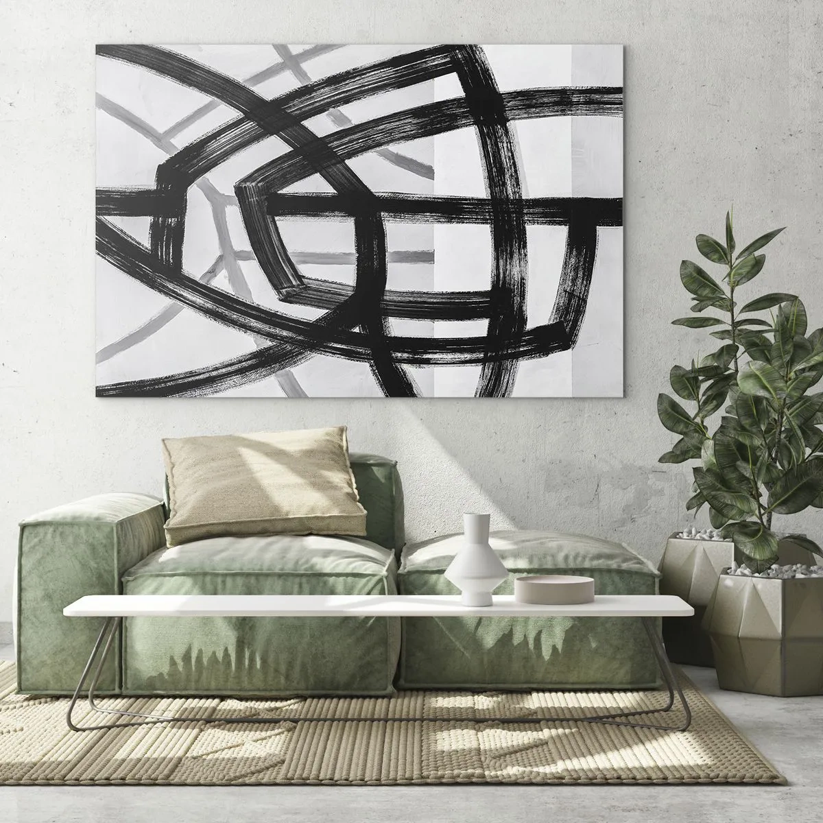 Quadro su vetro - Pennellate nere e grigie creano una rete dinamica di linee. - 120x80cm - Costruendo la profondità - Decorazione murale moderna per soggiorno e camera da letto ARTTOR