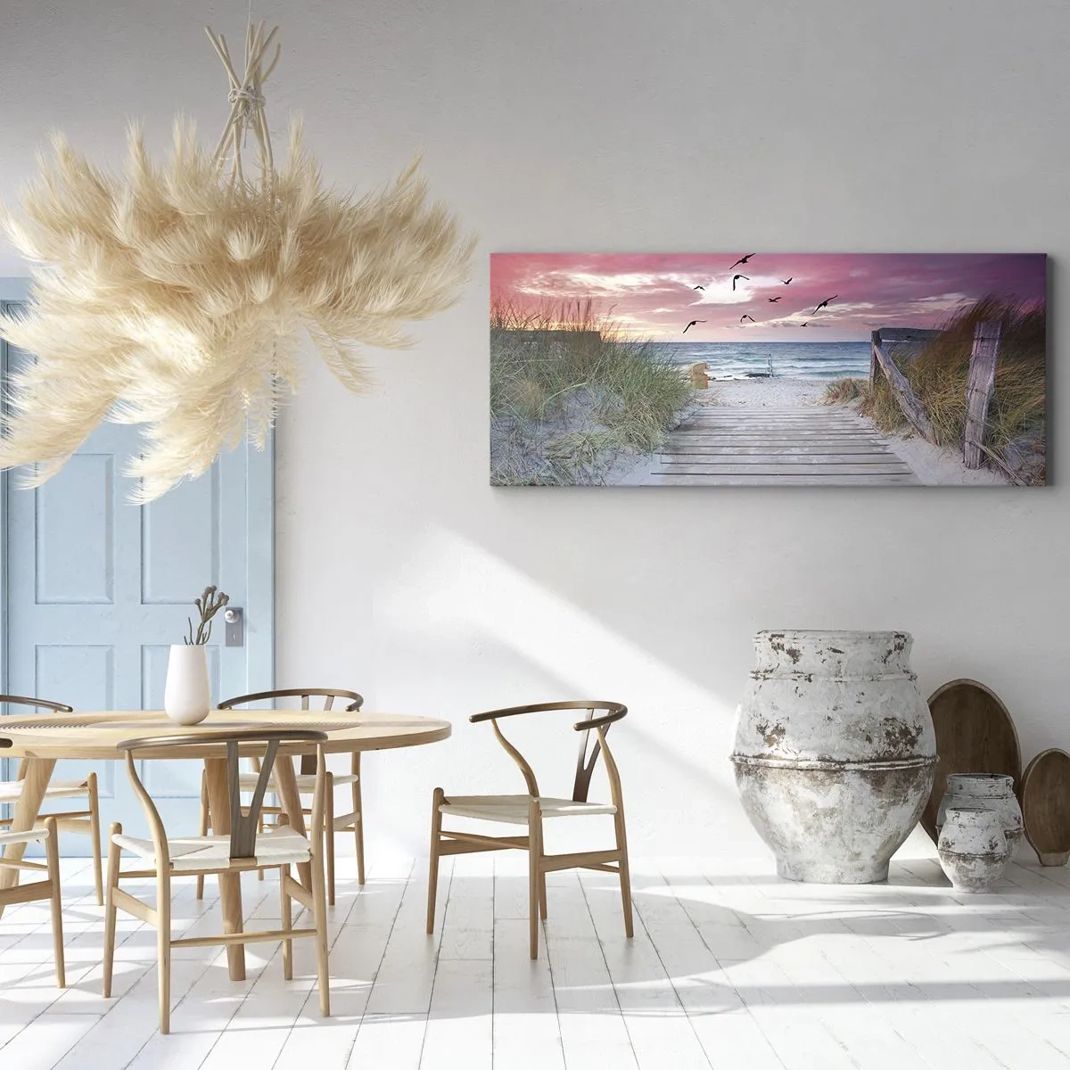 Quadro su tela - Stampe su Tela - Sentiero in legno sulla spiaggia al tramonto rosa - 140x50cm - Impressioni baltiche - Decorazione murale moderna per soggiorno e camera da letto ARTTOR