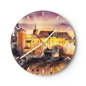 Orologio da parete - Orologio in Vetro - Un castello al tramonto nei caldi colori dell'acquerello - 30x30cm - Storia e fiaba - Decorazione murale moderna per soggiorno, cucina e camera da letto ARTTOR