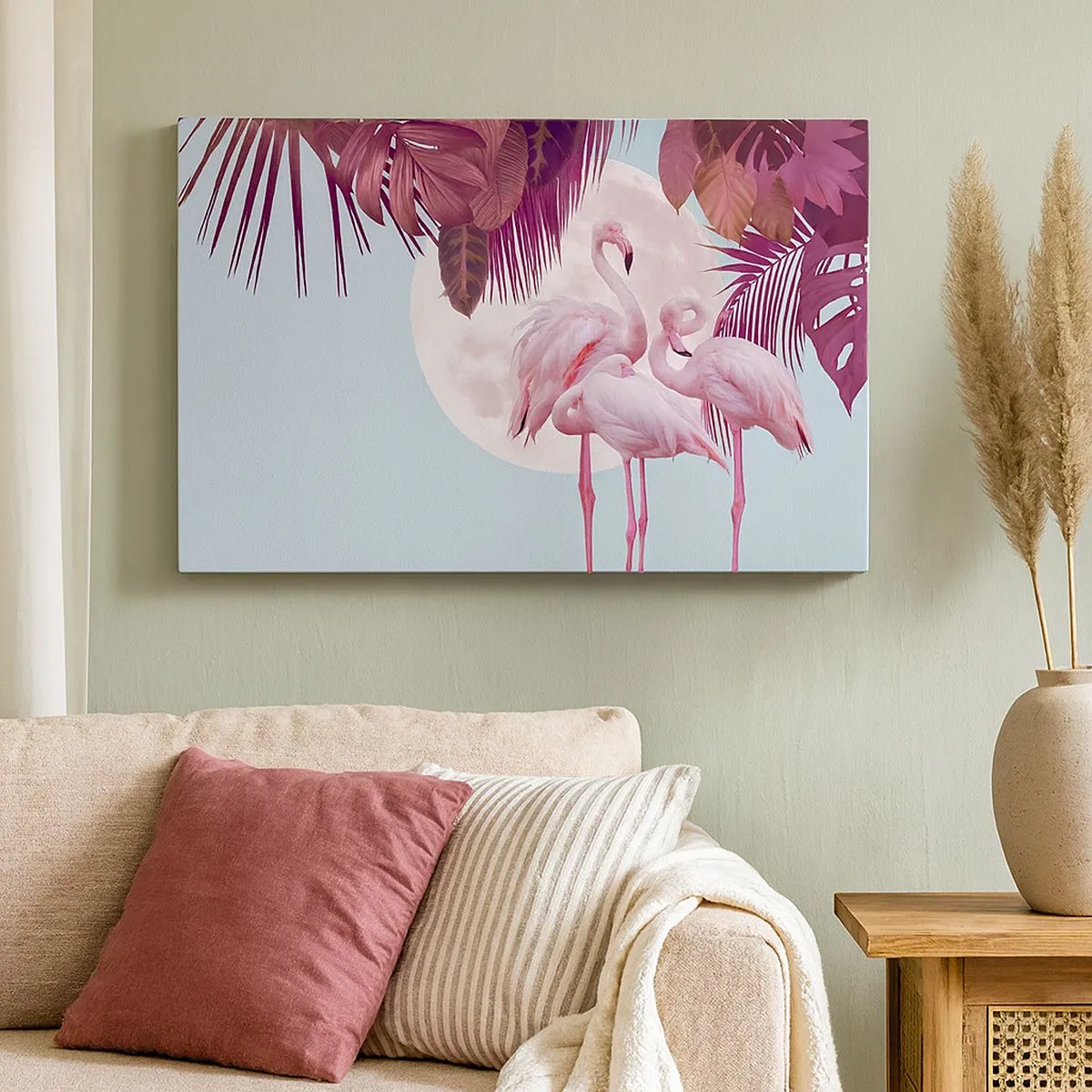 Quadro su tela - Stampe su Tela - Fenicotteri rosa sullo sfondo della luna e delle foglie tropicali - 70x50cm - Tre grazie alate - Decorazione murale moderna per soggiorno e camera da letto ARTTOR