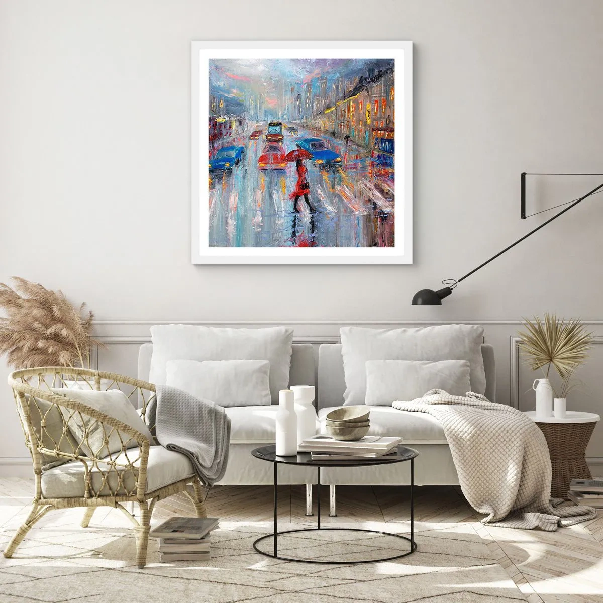 Poster in cornice bianca - Pomeriggio di pioggia in città - 50x50 cm