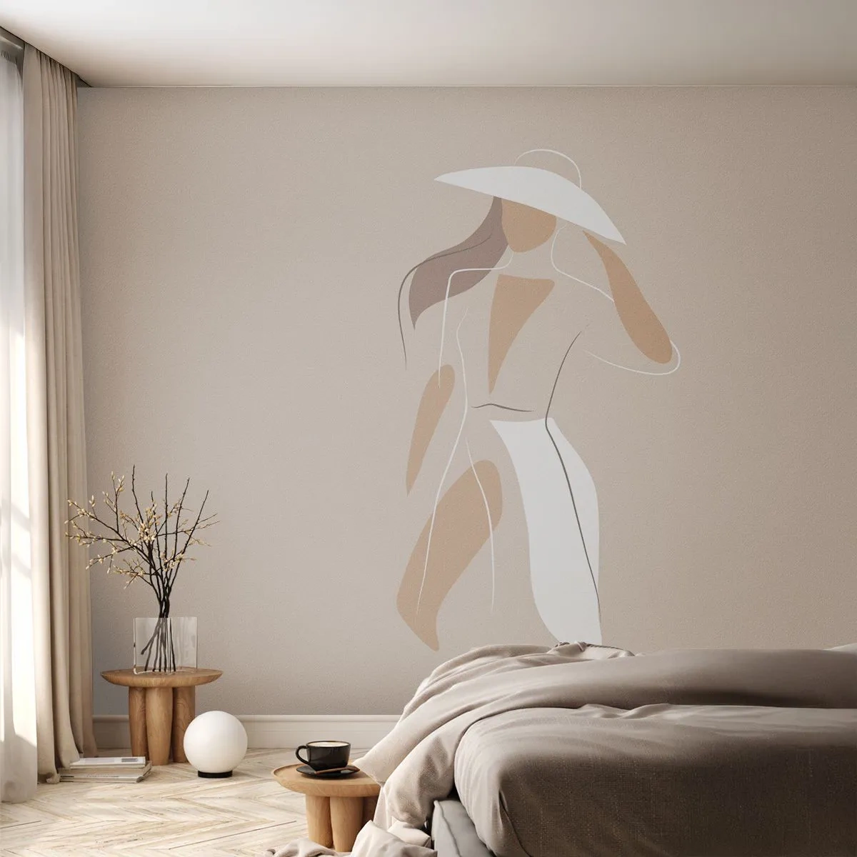 Fotomurali Premium Sand - Illustrazione minimalista di una donna che indossa un cappello su sfondo beige. - 100x70cm - La moda è un gioco - Decorazione murale moderna per soggiorno e camera da letto ARTTOR