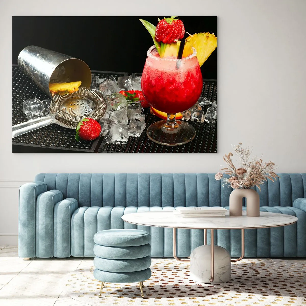 Quadro su vetro - Una bevanda colorata con frutta e uno shaker con ghiaccio - 70x50cm - Incantare il gusto - Decorazione murale moderna per soggiorno e camera da letto ARTTOR