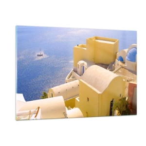 Quadro su vetro - Vista di Santorini con mare blu ed edifici bianchi - 120x80cm - Paesaggio greco in bianco e blu - Decorazione murale moderna per soggiorno e camera da letto ARTTOR