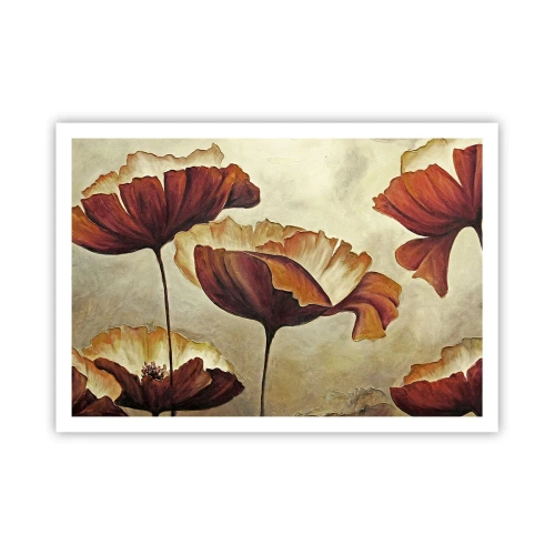 Poster - Fiori delicati nei toni del rosso e dell'oro su uno sfondo chiaro - 100x70cm - Nei prati e nei campi - Decorazione murale moderna per soggiorno e camera da letto ARTTOR