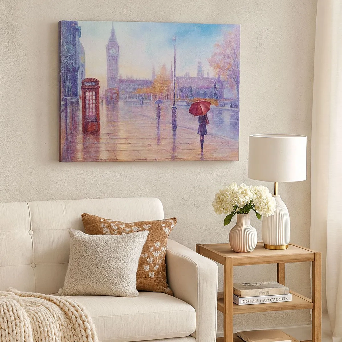 Quadro su tela - Stampe su Tela - Strada di Londra con il Big Ben in una giornata piovosa - 70x50cm - Giorno d'autunno a Londra - Decorazione murale moderna per soggiorno e camera da letto ARTTOR