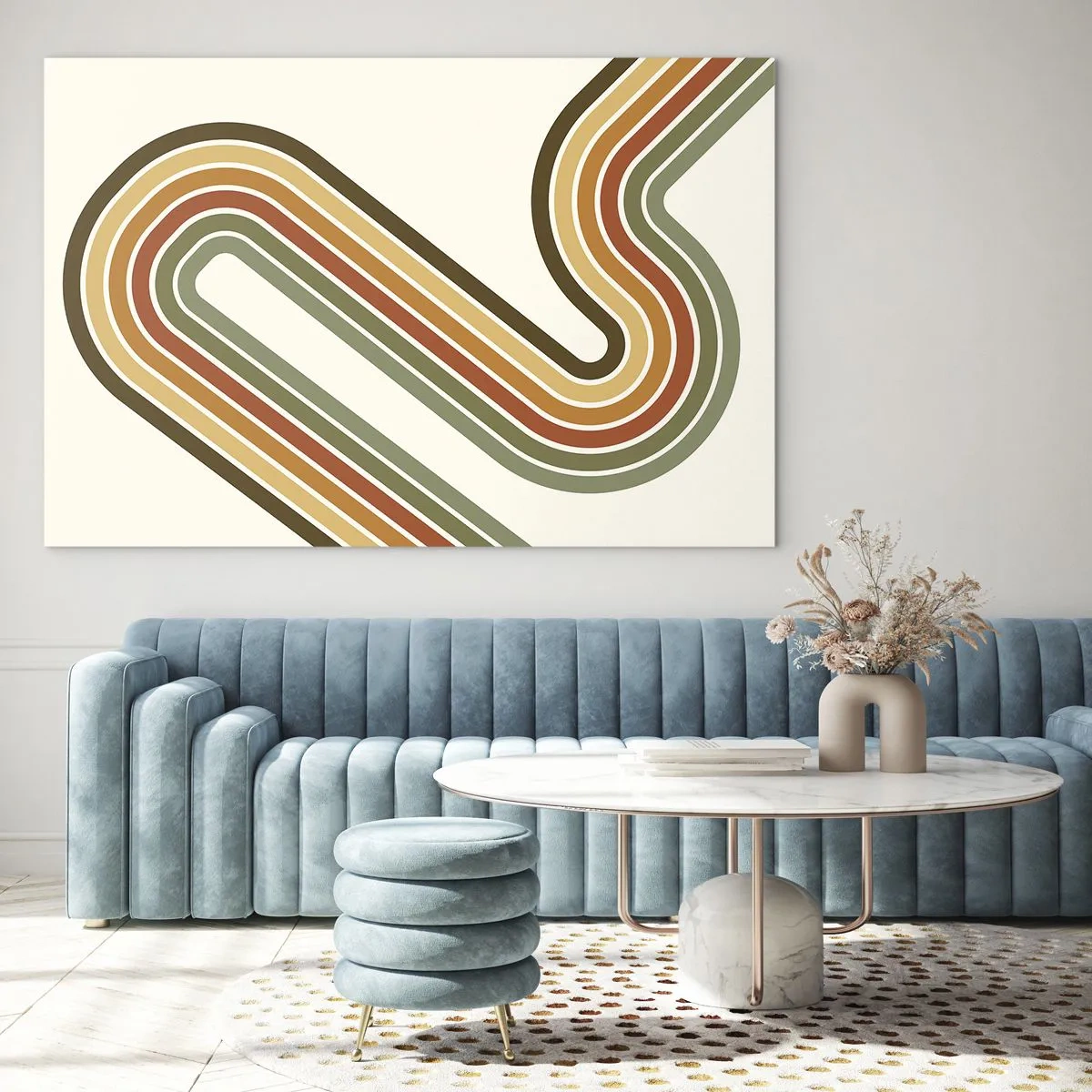 Quadro su vetro - Astrazione geometrica in stile retrò con linee ondulate - 70x50cm - Zig zag fino alla meta - Decorazione murale moderna per soggiorno e camera da letto ARTTOR