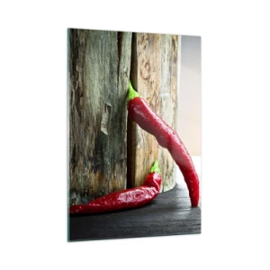 Quadro su vetro - Peperoncini rossi su uno sfondo di legno - 50x70cm - Red hot chili peppers - Decorazione murale moderna per soggiorno e camera da letto ARTTOR