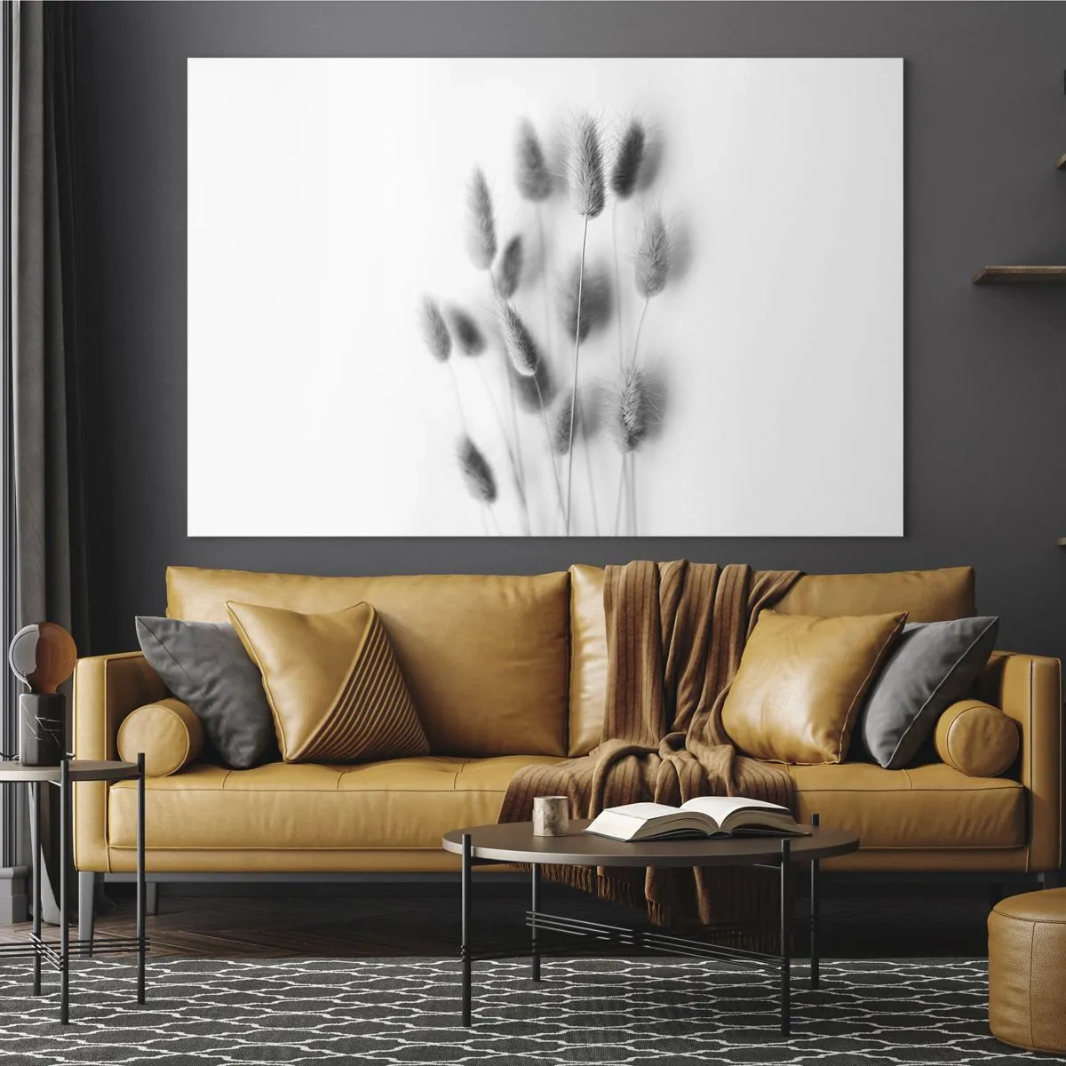 Quadro su vetro - Spighe d'erba bianche e nere su sfondo chiaro in stile minimalista - 120x80cm - Erba soffice - Decorazione murale moderna per soggiorno e camera da letto ARTTOR