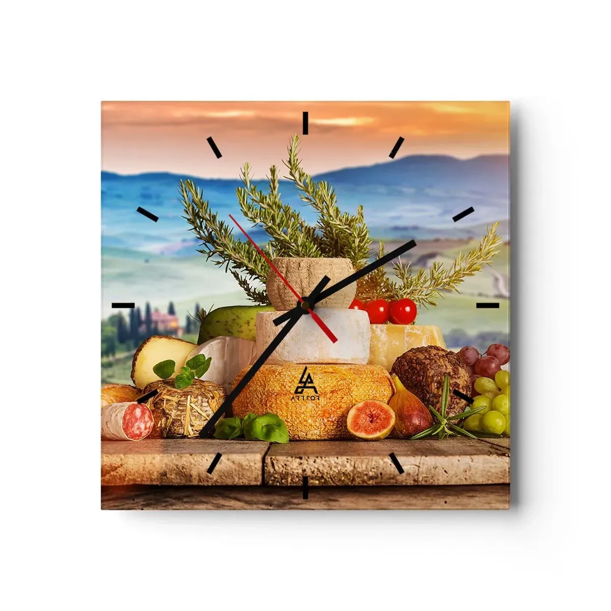 Orologio da parete - Orologio in Vetro - Una composizione di formaggi e frutta sullo sfondo del paesaggio toscano - 30x30cm - La gioia italiana della vita - Decorazione murale moderna per soggiorno e camera da letto ARTTOR