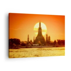 Quadro su tela - Stampe su Tela - Tramonto sul tempio con riflesso nell'acqua - 70x50cm - Verso il sole, sempre verso il sole - Decorazione murale moderna per soggiorno e camera da letto ARTTOR