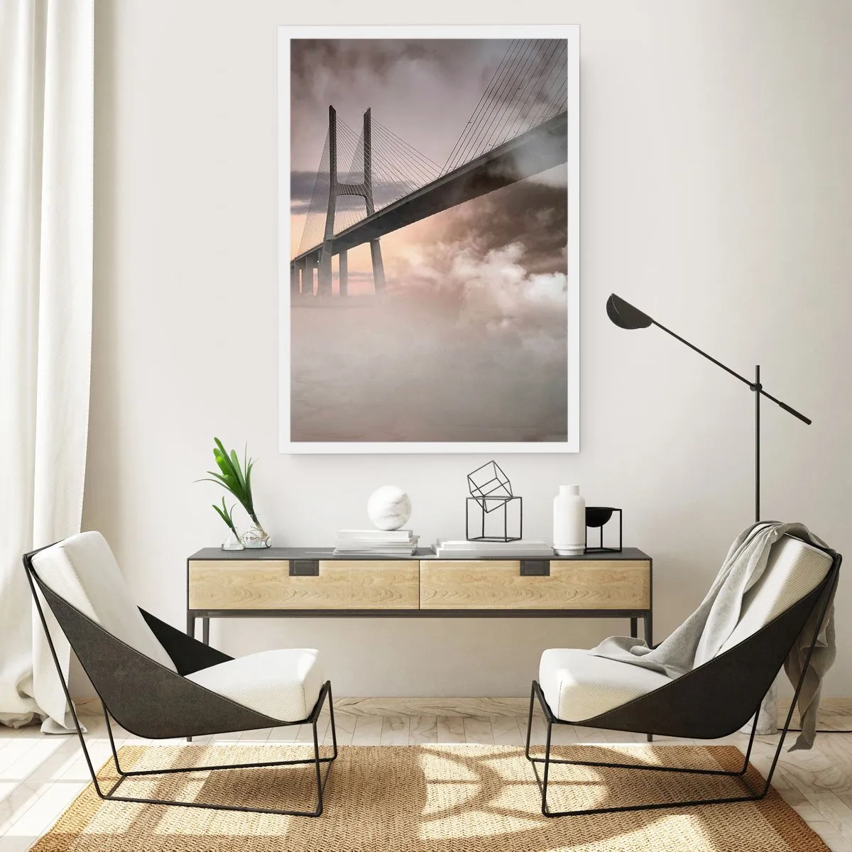 Poster - Un ponte nella nebbia all'alba - 50x70cm - Sul fiume che non c'è - Decorazione murale moderna per soggiorno e camera da letto ARTTOR