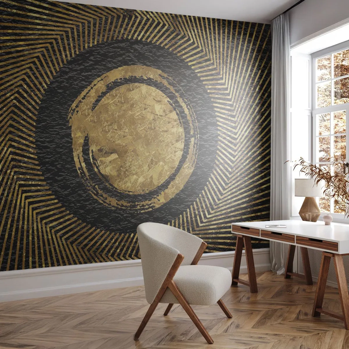Fotomurali Premium Sand - Cerchio dorato e raggi su sfondo nero - 100x70cm - Composizione glamour - Decorazione murale moderna per soggiorno e camera da letto ARTTOR