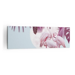 Quadro su tela - Stampe su Tela - Fenicotteri rosa sullo sfondo della luna e delle foglie tropicali - 160x50cm - Tre grazie alate - Decorazione murale moderna per soggiorno e camera da letto ARTTOR
