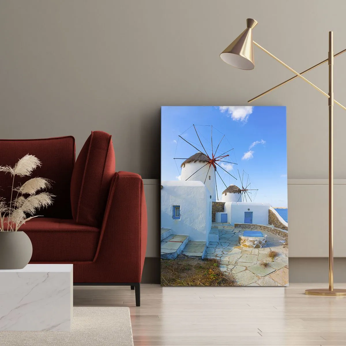 Quadro su tela - Stampe su Tela - Mulini a vento bianchi sulle rive del mare blu - 50x70cm - Vento azzurro sul mare - Decorazione murale moderna per soggiorno e camera da letto ARTTOR