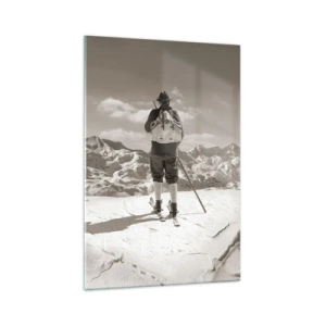 Quadro su vetro - Uno sciatore in cima a una montagna in bianco e nero - 70x100cm - E i monti sono immutabili - Decorazione murale moderna per soggiorno e camera da letto ARTTOR