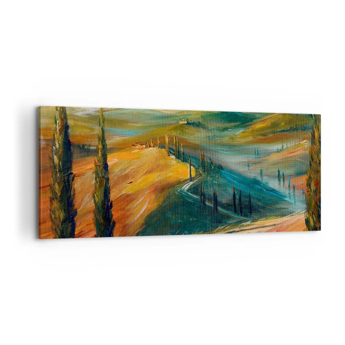 Quadro su tela - Stampe su Tela - Paesaggio toscano con campi, strada e cipressi - 120x50cm - Paesaggio toscano - Decorazione murale moderna per soggiorno e camera da letto ARTTOR
