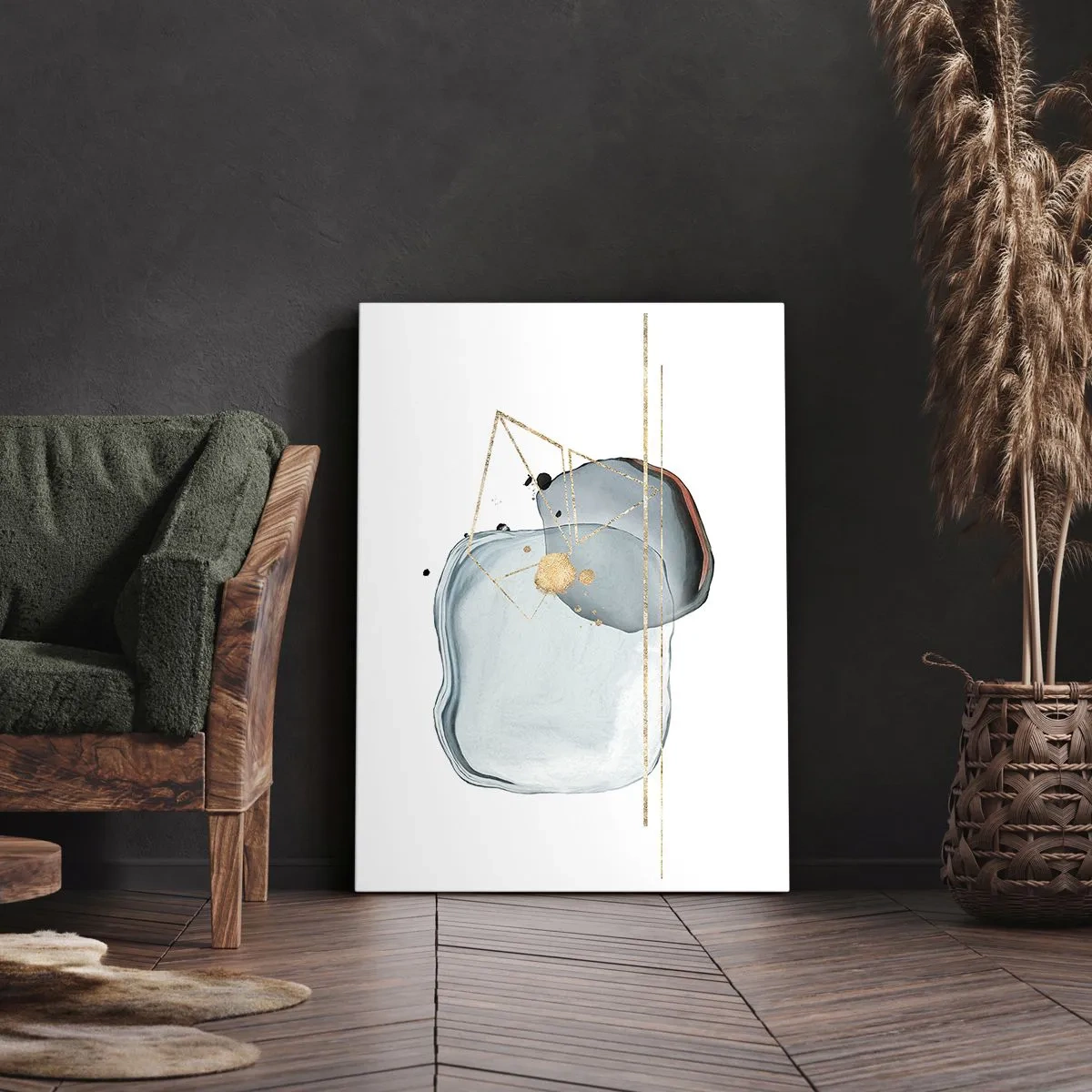 Quadro su tela - Stampe su Tela - Forme astratte nei toni del blu e dell'oro su sfondo bianco - 50x70cm - Studio di goccia - Decorazione murale moderna per soggiorno e camera da letto ARTTOR