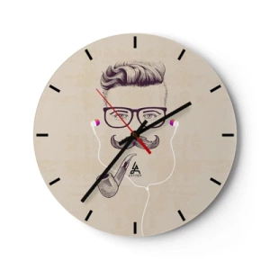 Orologio da parete - Orologio in Vetro - Illustrazione di un volto con baffi, occhiali, pipa e cuffie - 30x30cm - Un vero uomo? - Decorazione murale moderna per soggiorno, cucina e camera da letto ARTTOR