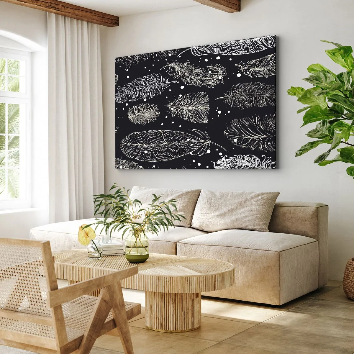Quadro su tela - Stampe su Tela - Delicate piume bianche su sfondo blu navy - 70x50cm - Pizzo piumato - Decorazione murale moderna per soggiorno e camera da letto ARTTOR