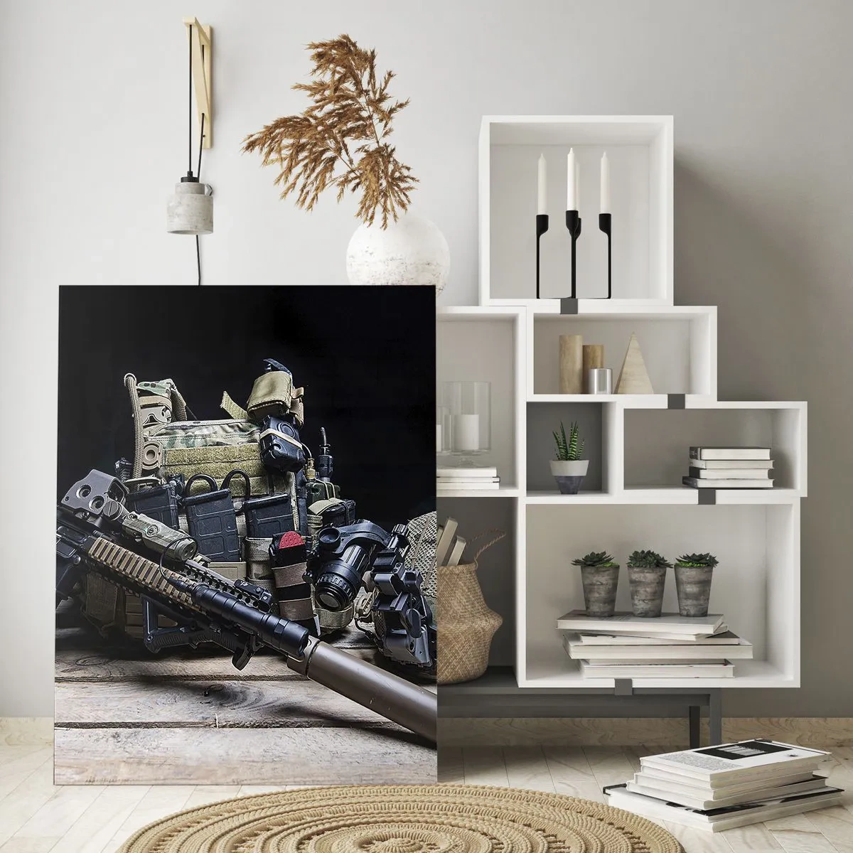 Quadro su vetro - Equipaggiamento tattico e armi disposte su un tavolo di legno - 50x70cm - Riposo! - Decorazione murale moderna per soggiorno e camera da letto ARTTOR
