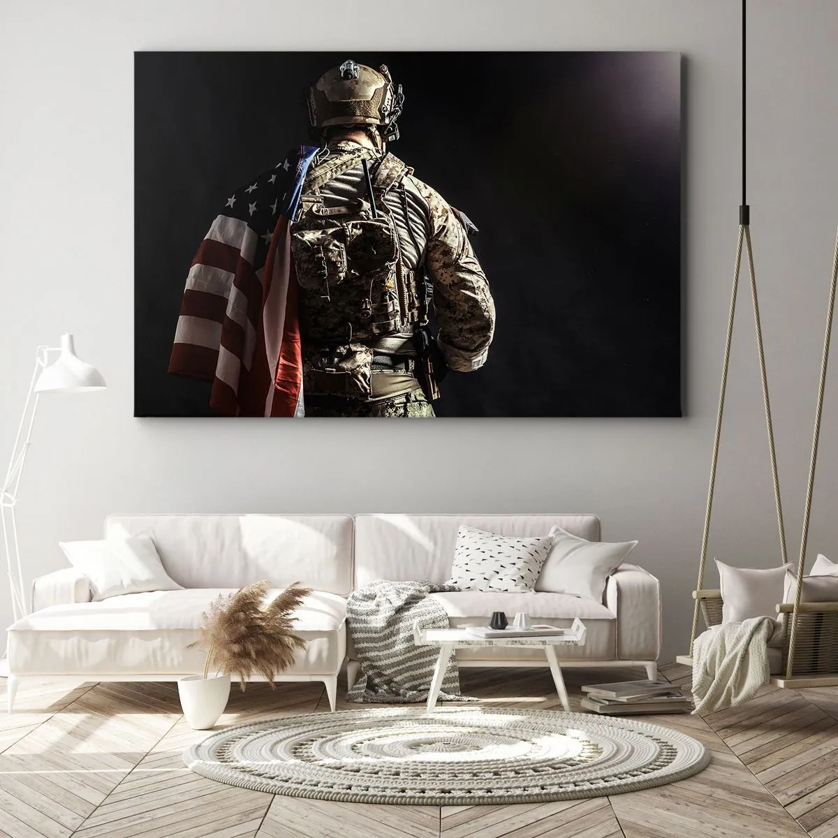 Quadro su tela - Stampe su Tela - Un soldato in uniforme con una bandiera su uno sfondo scuro - 70x50cm - Proprio per questo - Decorazione murale moderna per soggiorno e camera da letto ARTTOR
