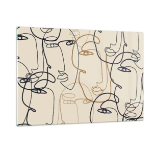Quadro su vetro - Volti contornati disegnati con un solo tratto su beige - 120x80cm - Ritratto multiplo - Decorazione murale moderna per soggiorno e camera da letto ARTTOR