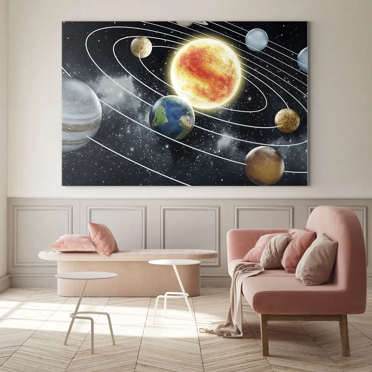Quadro su vetro - Il sistema solare con pianeti e orbite sullo sfondo dello spazio - 70x50cm - Danza cosmica - Decorazione murale moderna per soggiorno e camera da letto ARTTOR