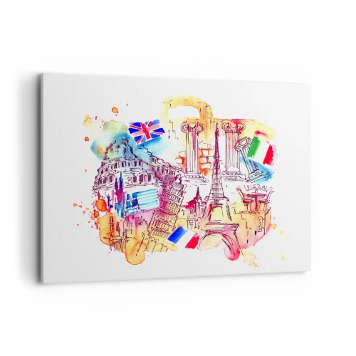 Quadro su tela - Stampe su Tela - Acquerello di simboli europei con bandiere nazionali - 100x70cm - Tournée europea - Decorazione murale moderna per soggiorno e camera da letto ARTTOR