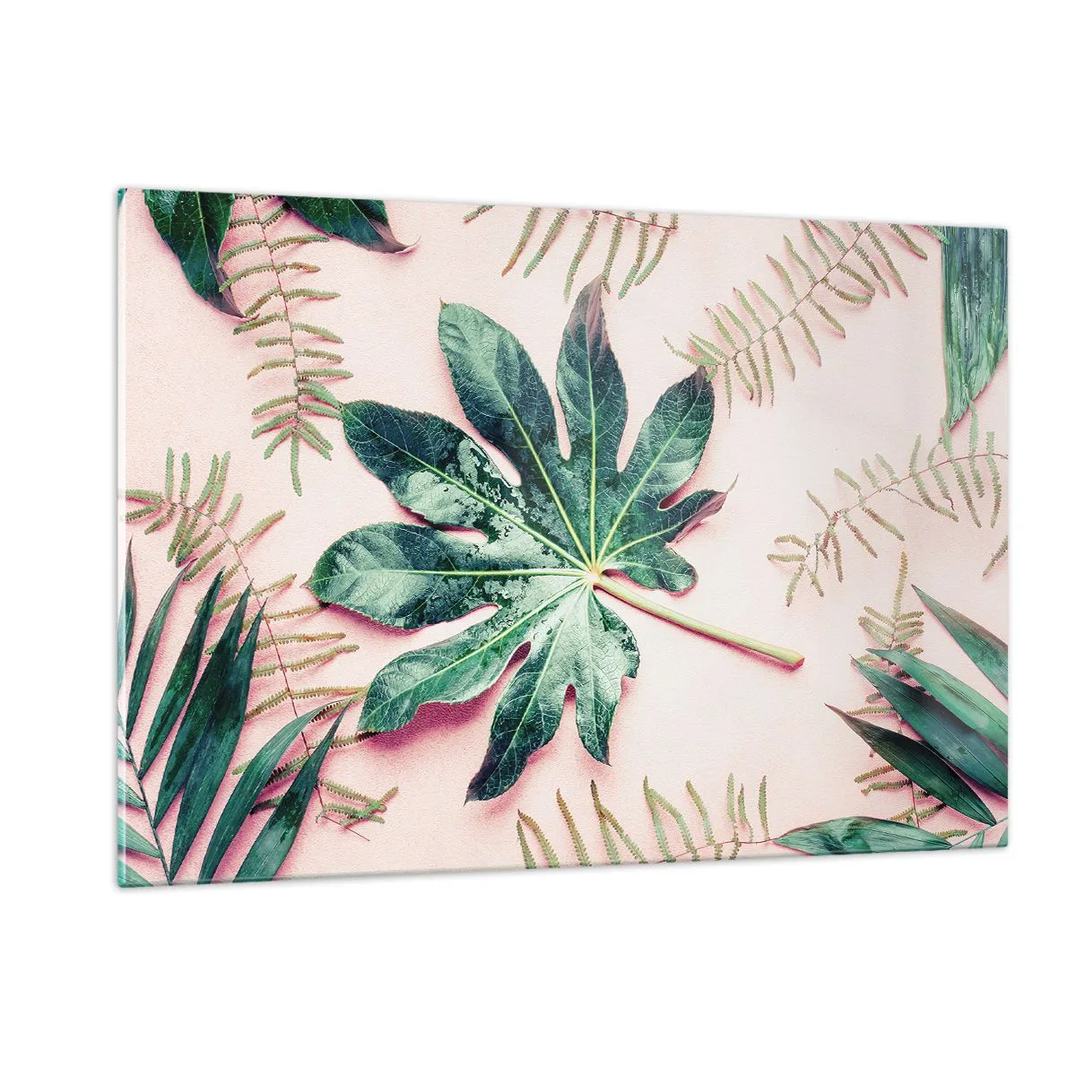 Quadro su vetro - Foglie tropicali su sfondo pastello - 120x80cm - Studio di verde su sfondo rosa - Decorazione murale moderna per soggiorno e camera da letto ARTTOR