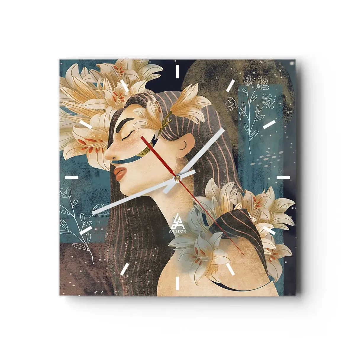 Orologio da parete - Orologio in Vetro - Ritratto di una donna con fiori in stile artistico su sfondo scuro - 30x30cm - La favola della principessa con i gigli - Decorazione murale moderna per soggiorno e camera da letto ARTTOR