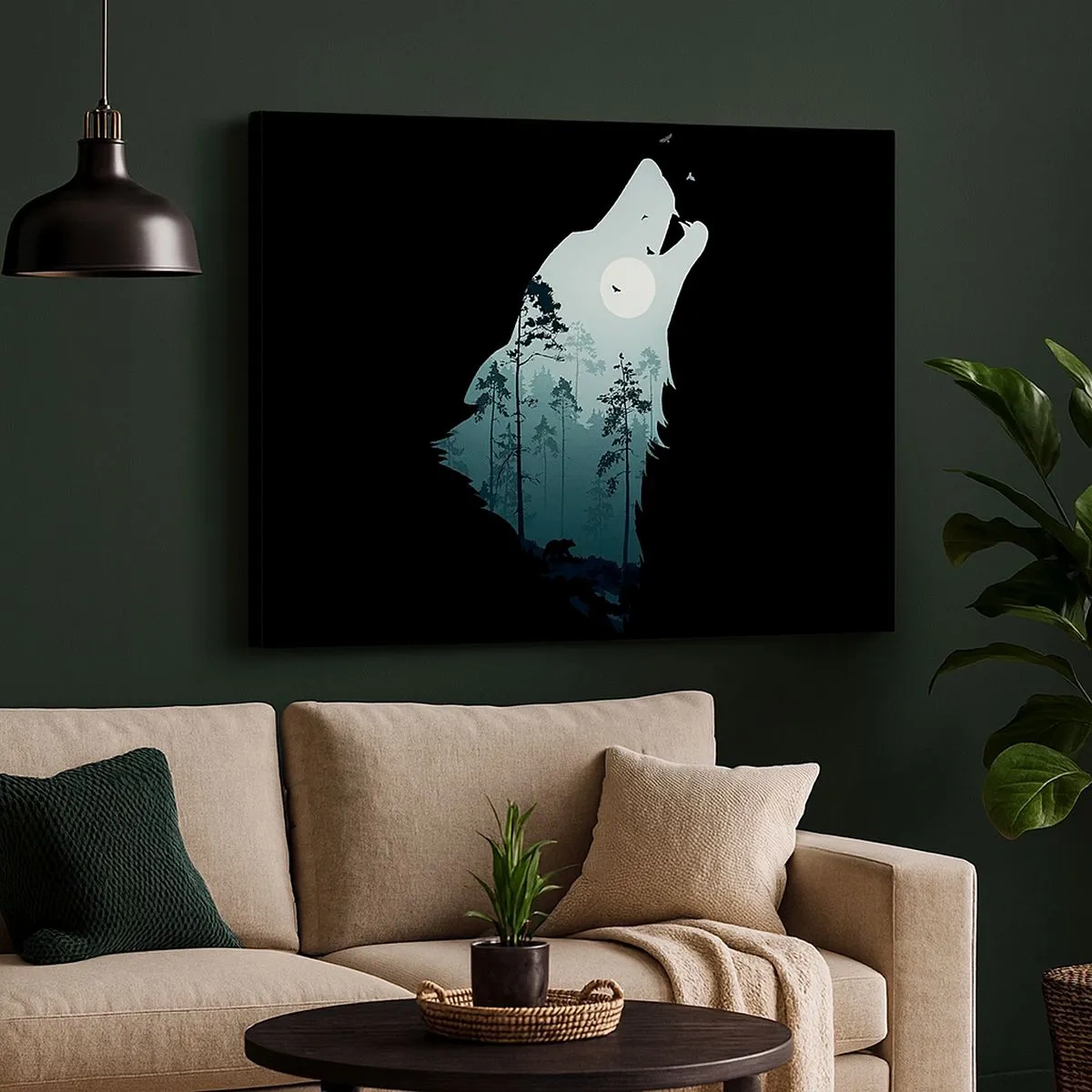 Quadro su tela - Stampe su Tela - Silhouette di un lupo con una foresta e la luna sullo sfondo - 70x50cm - Voce di una notte boschiva - Decorazione murale moderna per soggiorno e camera da letto ARTTOR