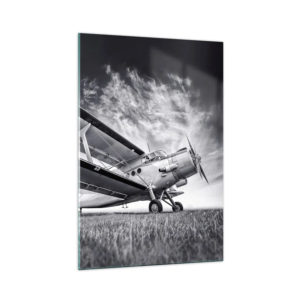 Quadro su vetro - Un aereo contro un cielo drammatico in bianco e nero - 70x100cm - Giramondo alato  - Decorazione murale moderna per soggiorno e camera da letto ARTTOR