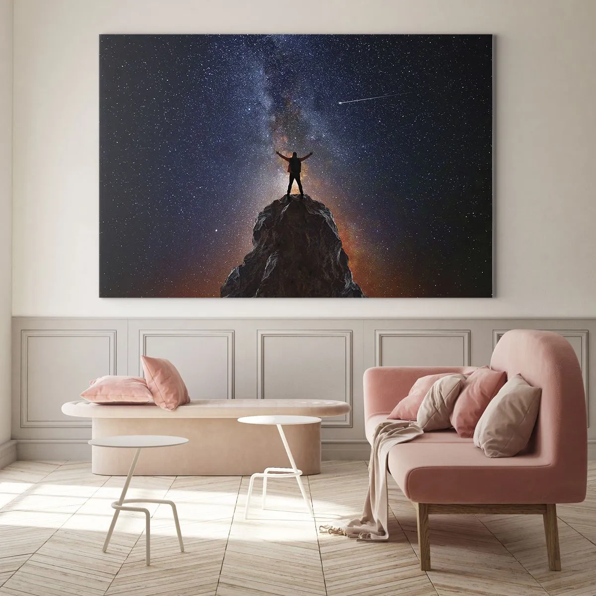 Quadro su vetro - Silhouette di un uomo in cima a una roccia sotto un cielo stellato - 100x70cm - La forza è con me! - Decorazione murale moderna per soggiorno e camera da letto ARTTOR