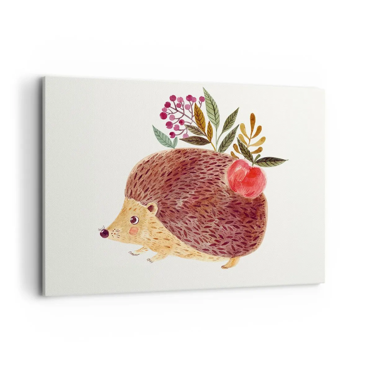 Quadro su tela - Stampe su Tela - Un simpatico riccio con una mela e delle piante in stile illustrativo - 100x70cm - E mi vuoi già bene - Decorazione murale moderna per soggiorno e camera da letto ARTTOR