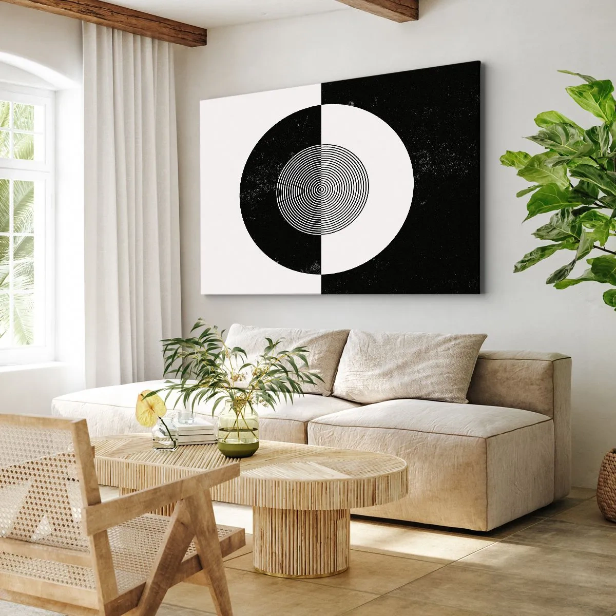 Quadro su tela - Stampe su Tela - Motivo grafico in bianco e nero a contrasto - 120x80cm - Armonia in bianco e nero - Decorazione murale moderna per soggiorno e camera da letto ARTTOR