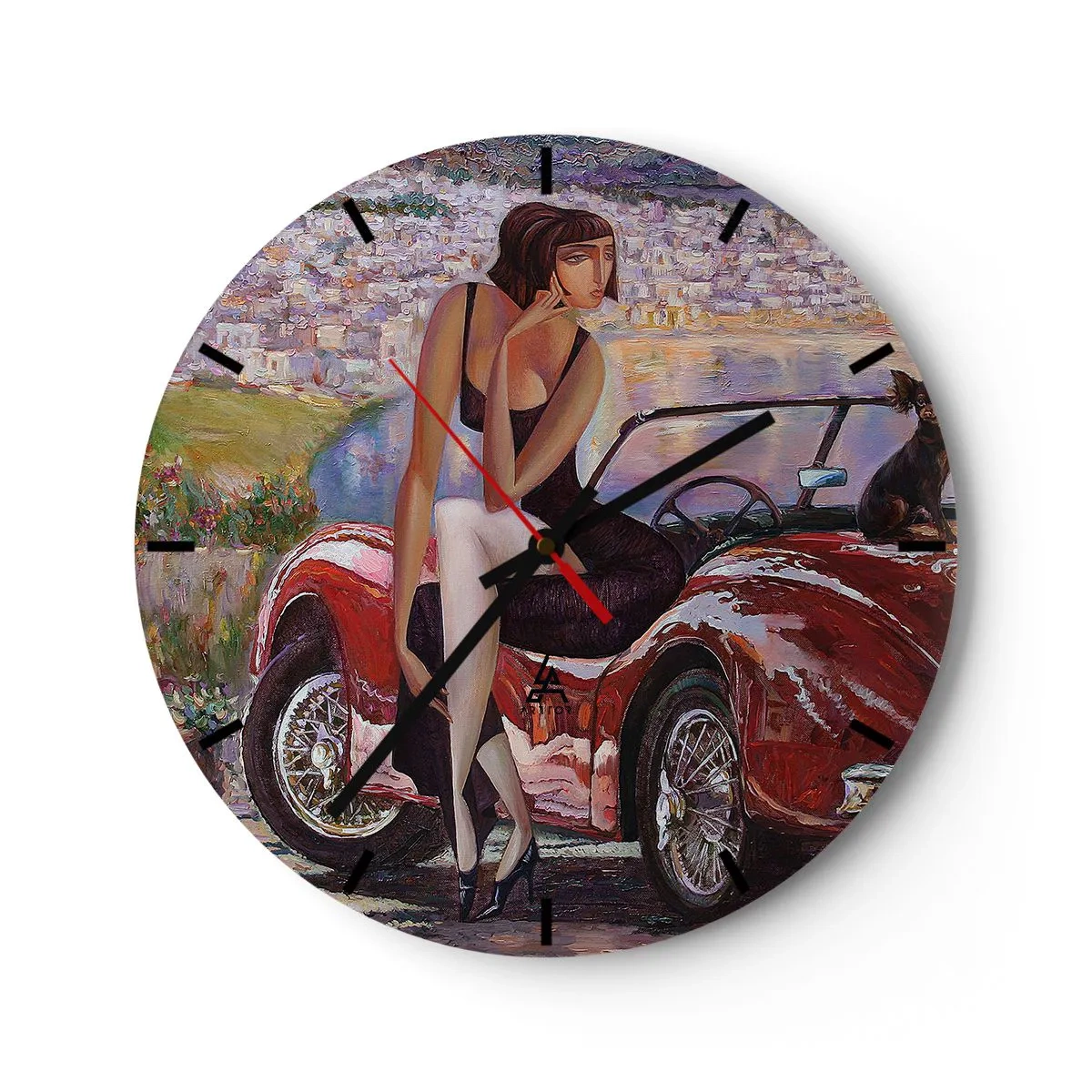Orologio da parete - Orologio in Vetro - Una donna è in piedi accanto a un'auto d'epoca rossa, con un fiume sullo sfondo. - 30x30cm - Estate? Solo sulla Riviera - Decorazione murale moderna per soggiorno, cucina e camera da letto ARTTOR