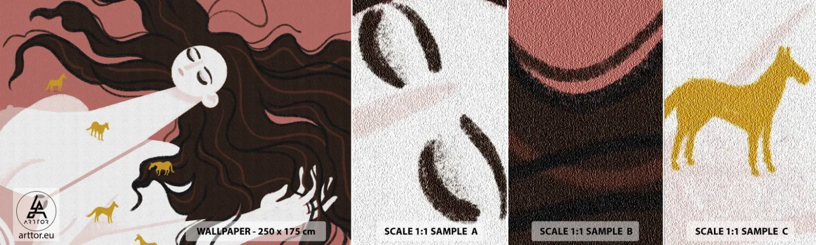 Campione Di Fotomurale Standard Eco - Il sogno del cavallo d'oro - Donna, Ritratto, Minimalismo - 100x30 cm