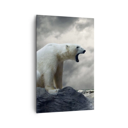 Quadro su tela - Stampe su Tela - Un orso polare sulle rocce sopra un mare in tempesta - 80x120cm - Il re solitario dell'Artide - Decorazione murale moderna per soggiorno e camera da letto ARTTOR