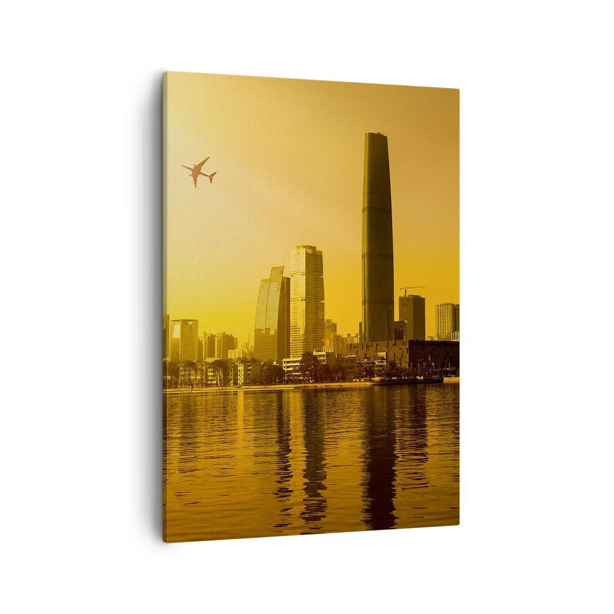 Quadro su tela - Stampe su Tela - Panorama della città al tramonto con grattacieli e un aereo - 50x70cm - Città d'oro - Decorazione murale moderna per soggiorno e camera da letto ARTTOR