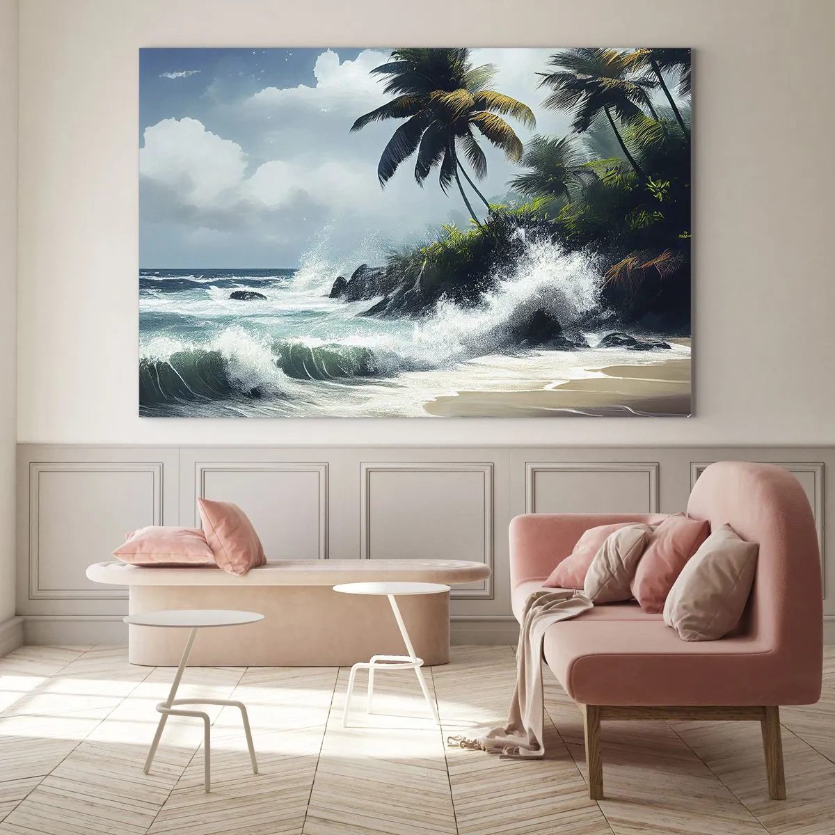 Quadro su vetro - Onde che si infrangono contro le rocce vicino alle palme su una spiaggia tropicale - 120x80cm - Sulla riva tropicale - Decorazione murale moderna per soggiorno e camera da letto ARTTOR