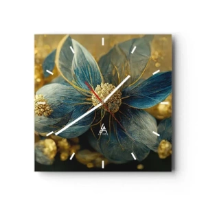 Orologio da parete - Orologio in Vetro - Eleganti fiori nei toni del blu e dell'oro - 30x30cm - Fiorire d'oro - Decorazione murale moderna per soggiorno e camera da letto ARTTOR