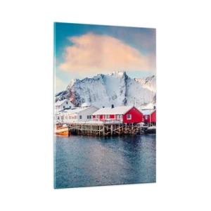 Quadro su vetro - Case rosse sullo sfondo delle montagne innevate e del mare blu - 80x120cm - Atmosfera del nord - Decorazione murale moderna per soggiorno e camera da letto ARTTOR