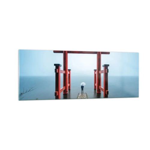 Quadro su vetro - Un cancello torii che si affaccia su un tranquillo lago in Giappone - 140x50cm - Meditazione giapponese - Decorazione murale moderna per soggiorno e camera da letto ARTTOR