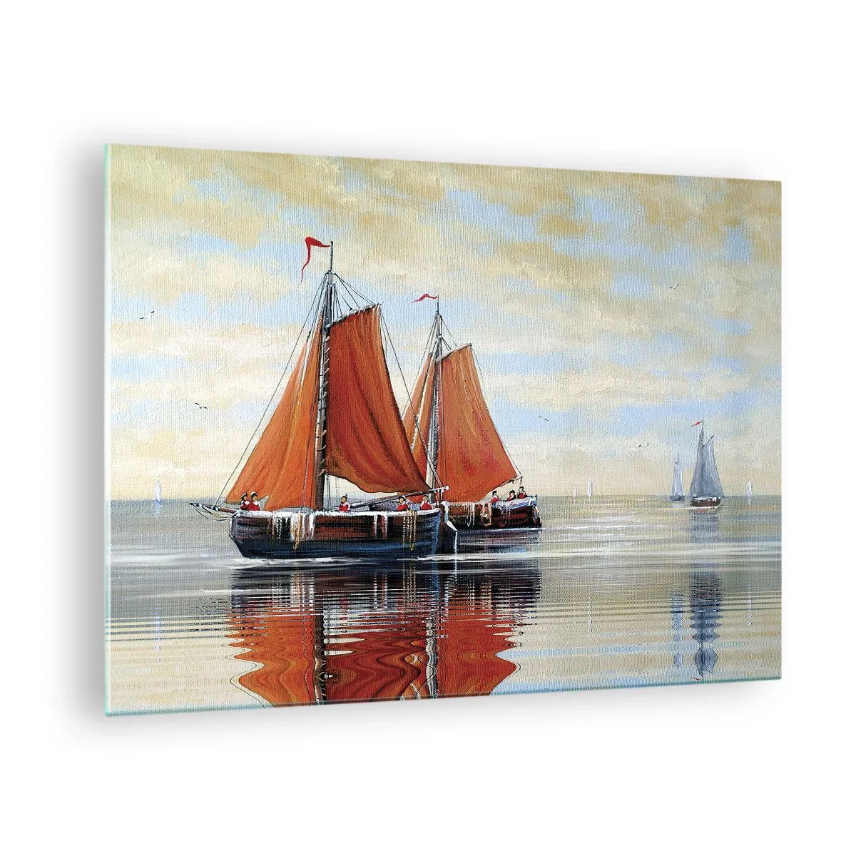 Quadro su vetro - Velieri su un mare calmo al tramonto - 70x50cm - Naviga, marinaio... - Decorazione murale moderna per soggiorno e camera da letto ARTTOR