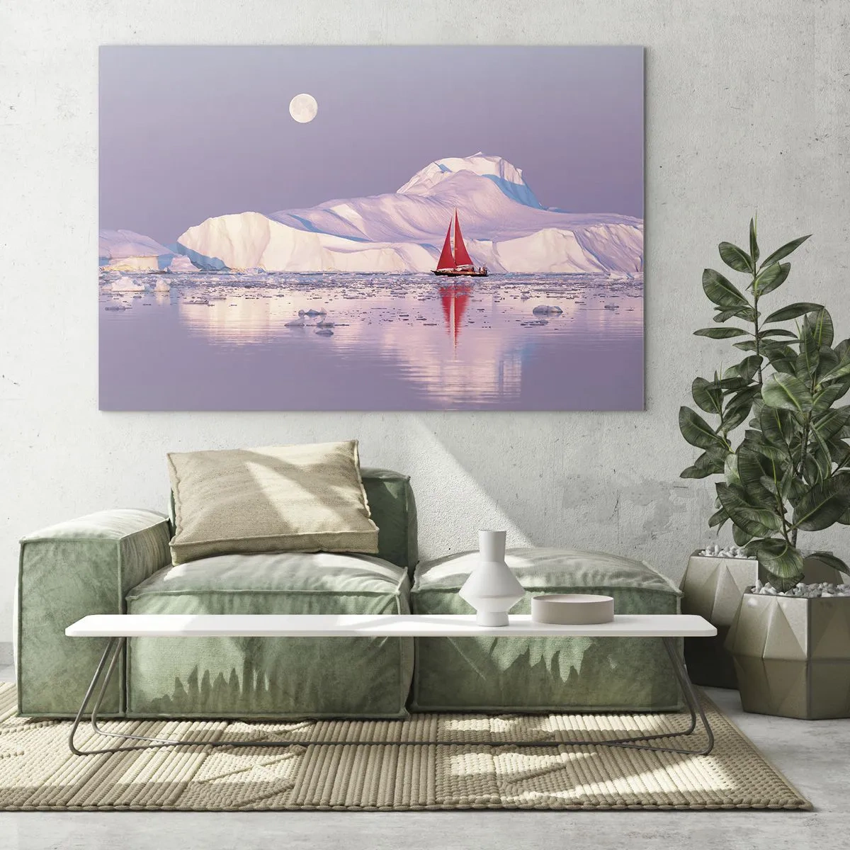 Quadro su vetro - Una barca a vela sullo sfondo dei ghiacciai al chiaro di luna - 100x70cm - Calore della vela, gelo del ghiaccio - Decorazione murale moderna per soggiorno e camera da letto ARTTOR
