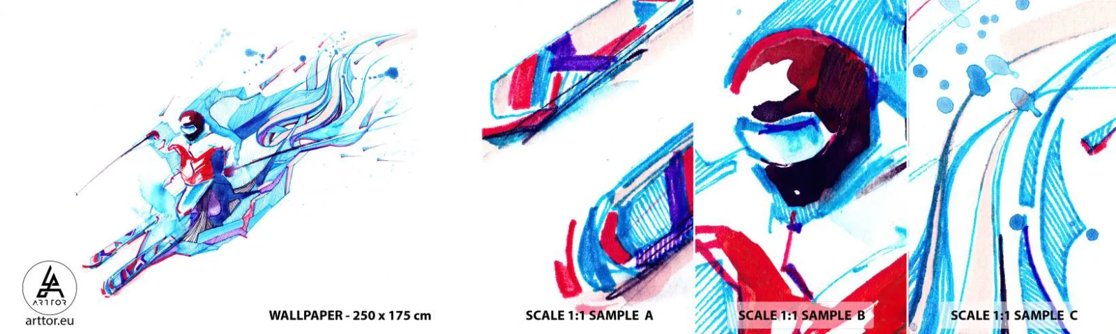 Campione Di Fotomurale Standard Eco - A tutta velocità verso la gioia - Astrazione, Sci, Sciatore - 100x30 cm