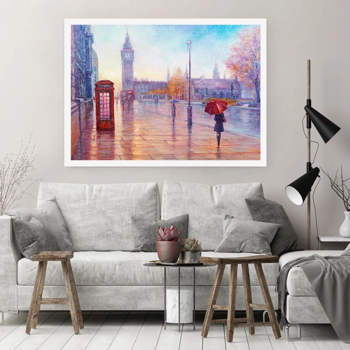 Poster - Strada di Londra con il Big Ben in una giornata piovosa - 100x70cm - Giorno d'autunno a Londra - Decorazione murale moderna per soggiorno e camera da letto ARTTOR